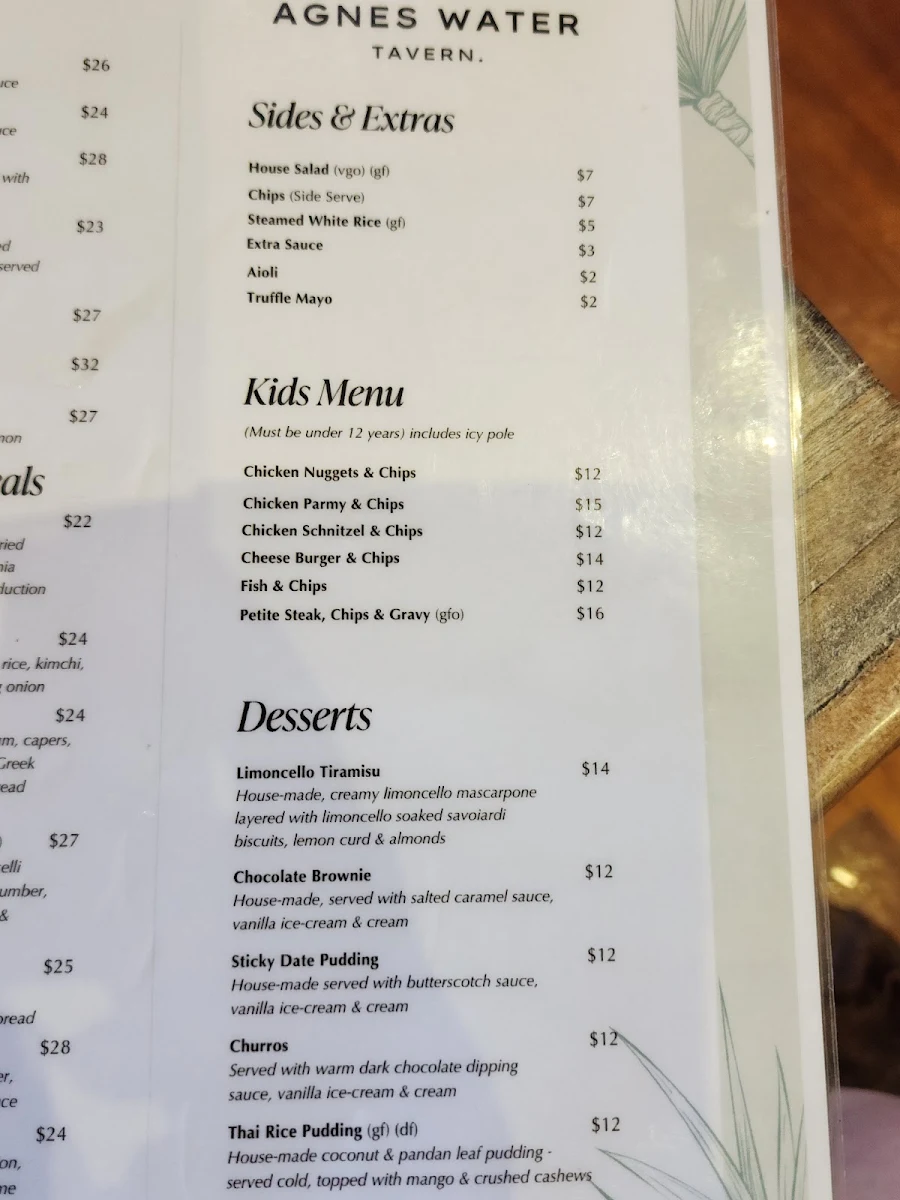 Menu, Agnes Water Tavern