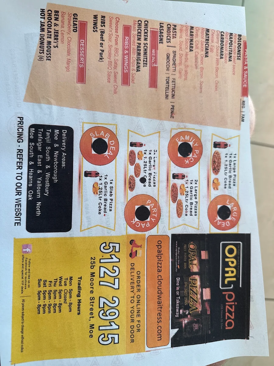 Menu, Opal Pizza