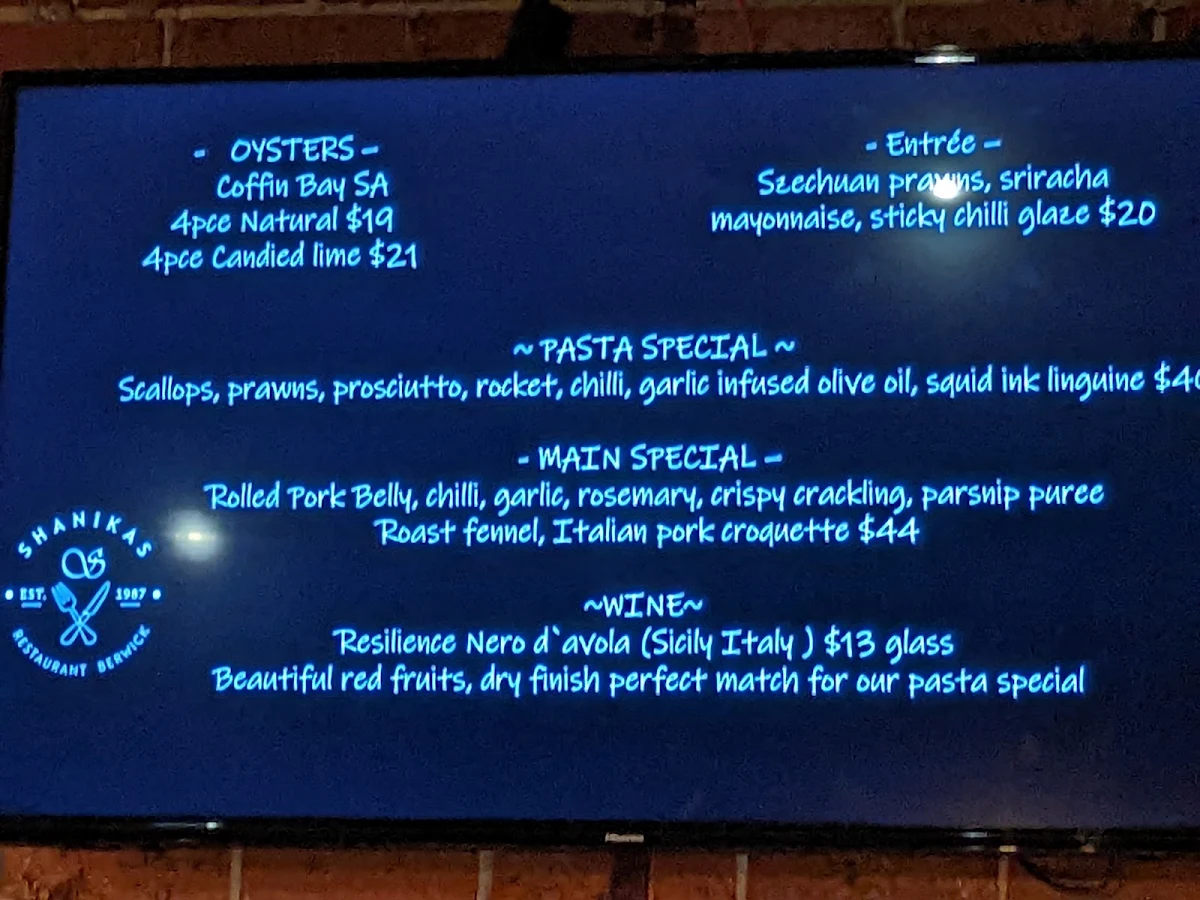 Menu, Shanikas Berwick