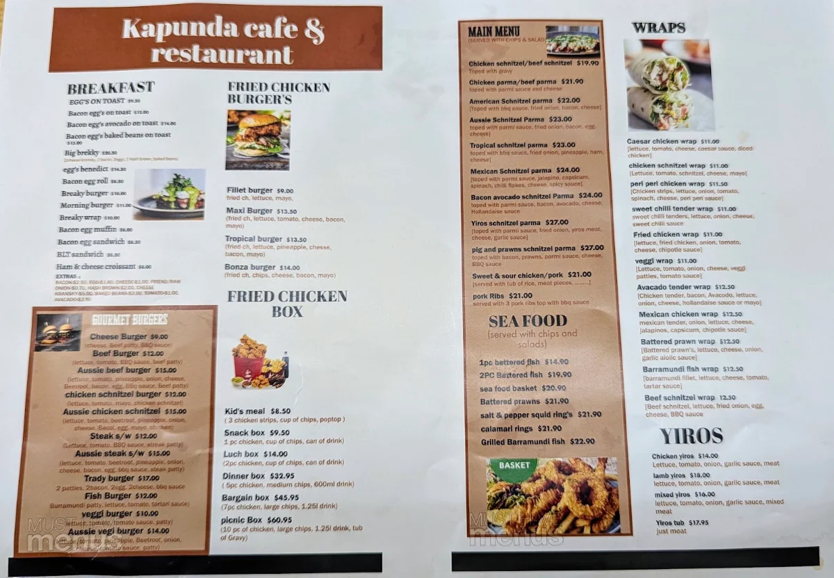 Menu, Kapunda Pizza Bar