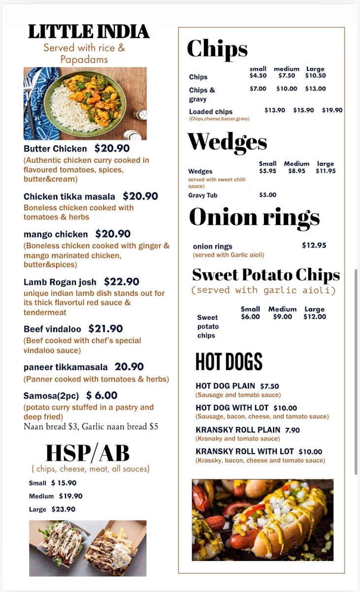 Menu, Kapunda Pizza Bar