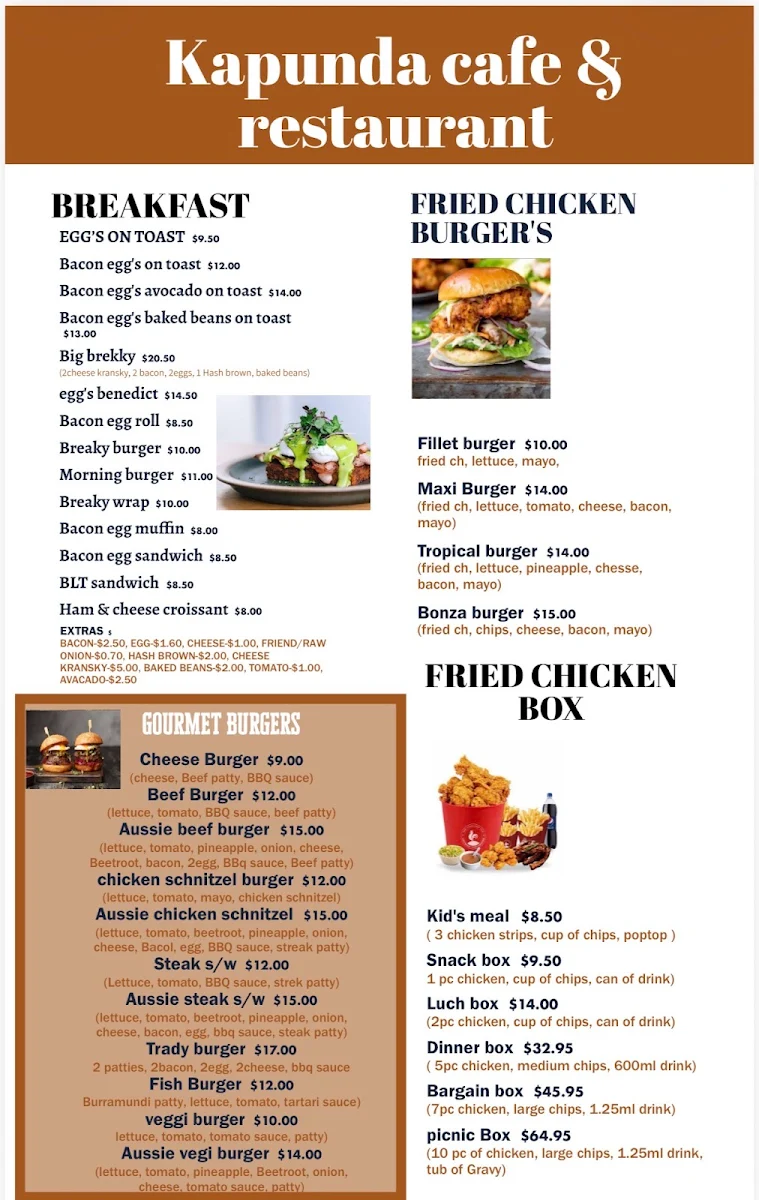 Menu, Kapunda Pizza Bar