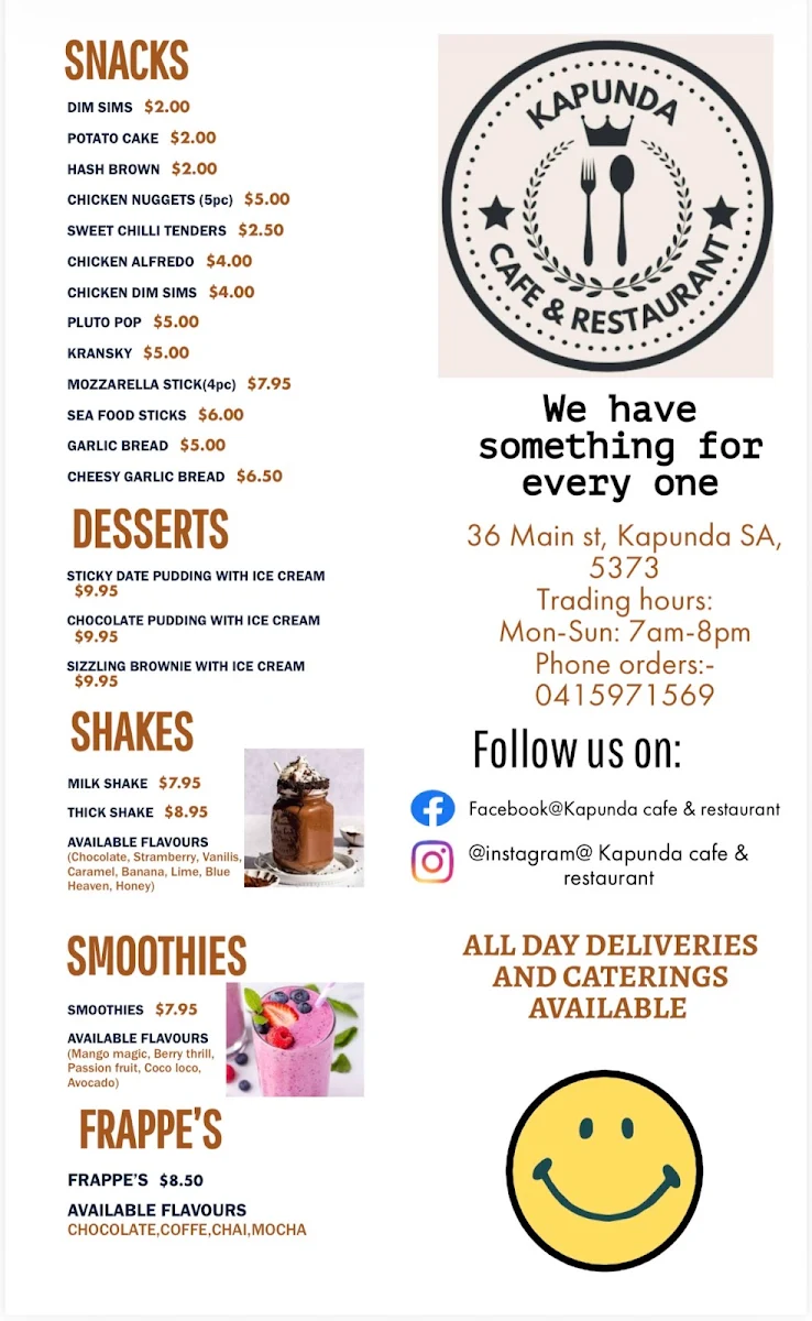 Menu, Kapunda Pizza Bar