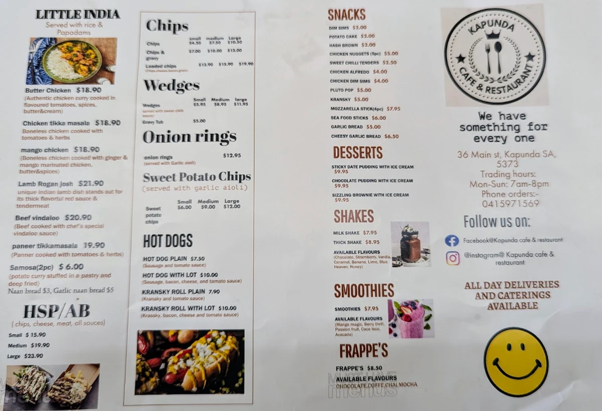 Menu, Kapunda Pizza Bar