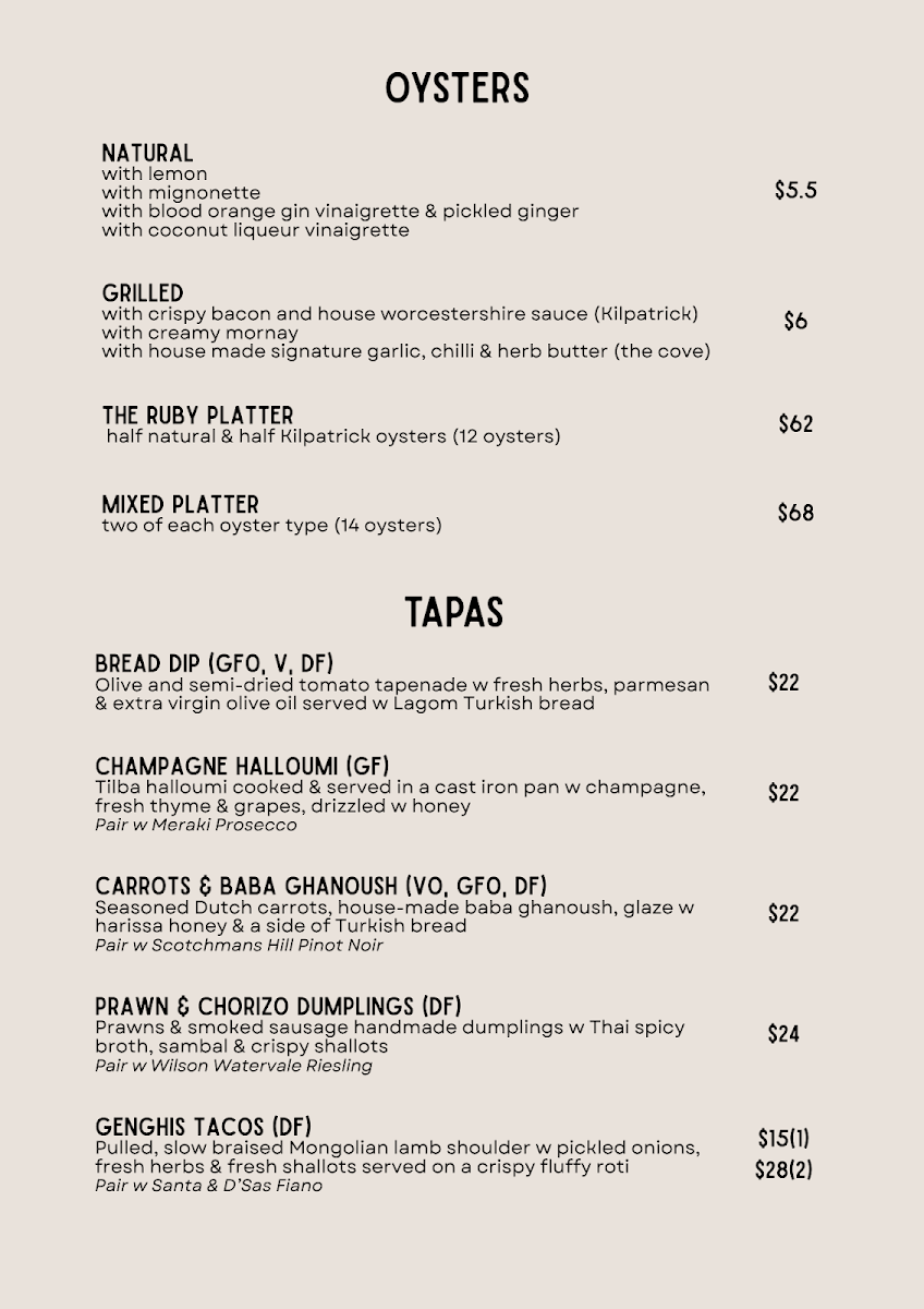Menu, Oyster Cove Cocktail Bar