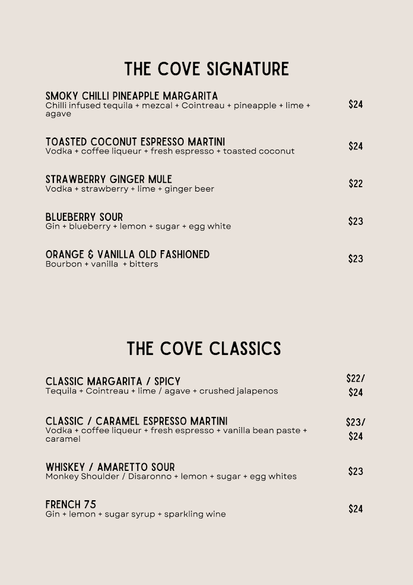 Menu, Oyster Cove Cocktail Bar