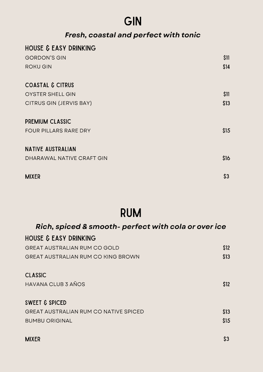 Menu, Oyster Cove Cocktail Bar