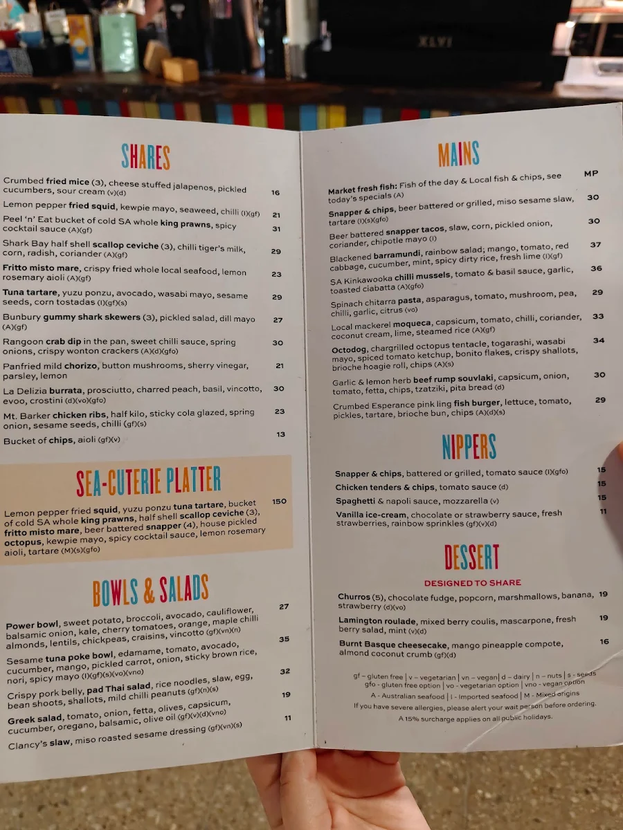 Menu, Clancy's Fish Bar