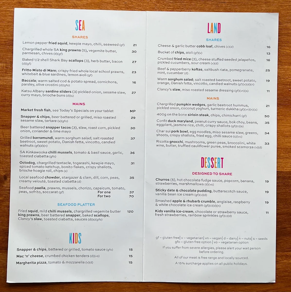Menu, Clancy's Fish Bar