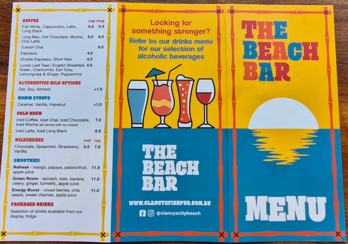 Menu, Clancy's Fish Bar
