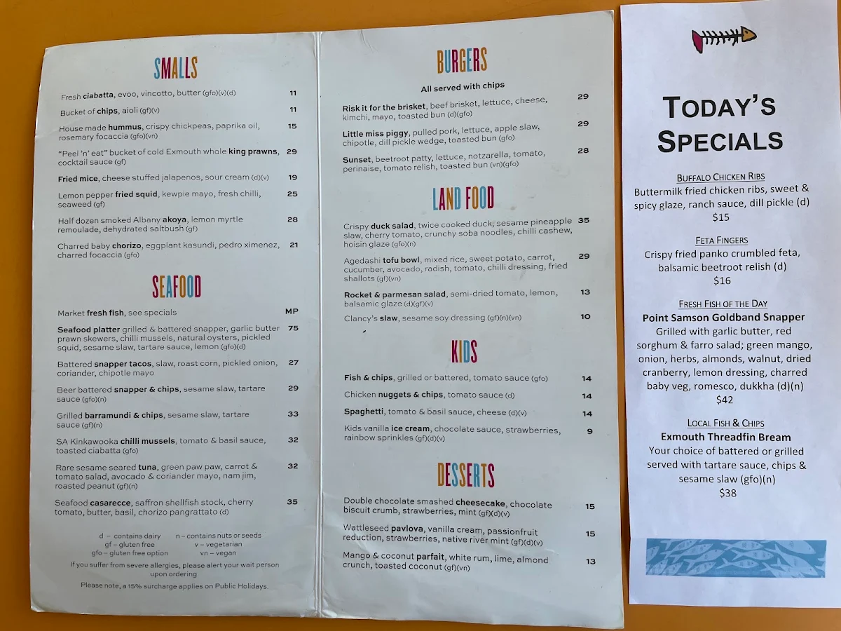 Menu, Clancy's Fish Bar