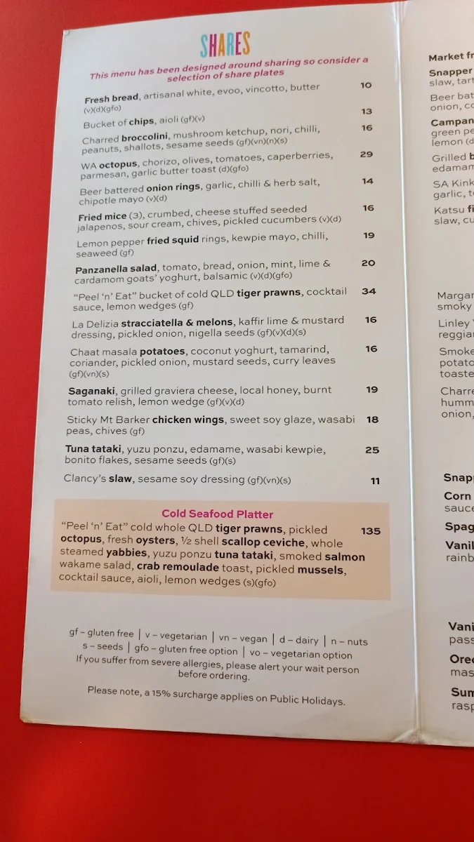 Menu, Clancy's Fish Bar