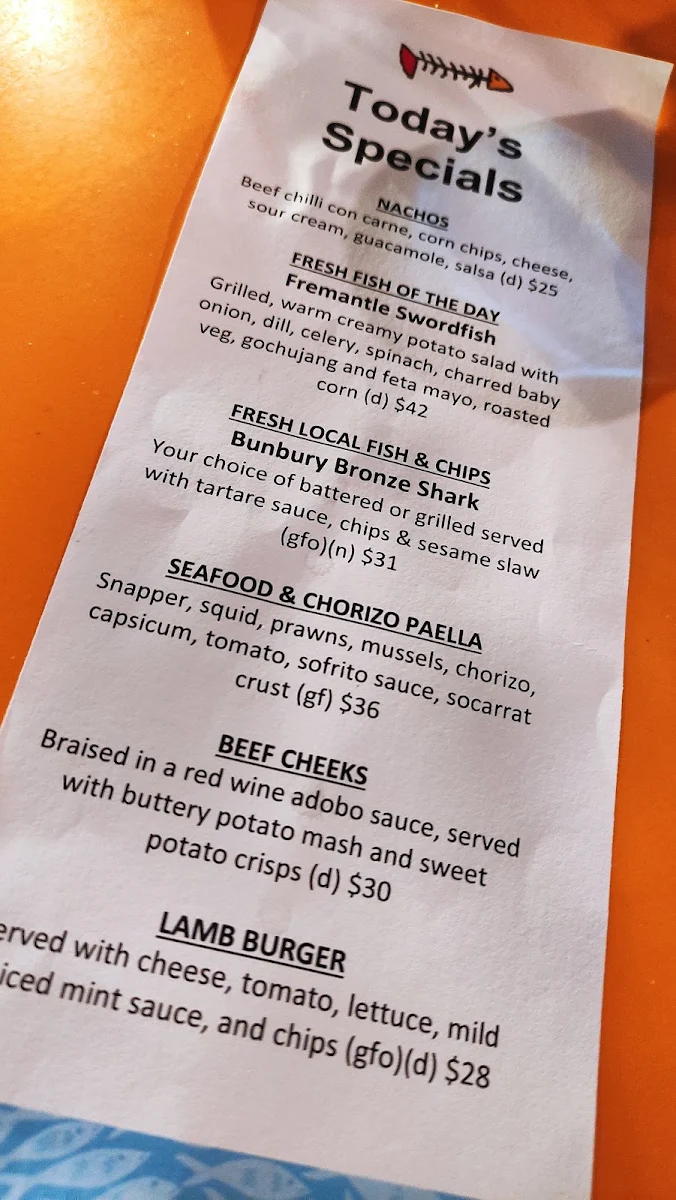 Menu, Clancy's Fish Bar