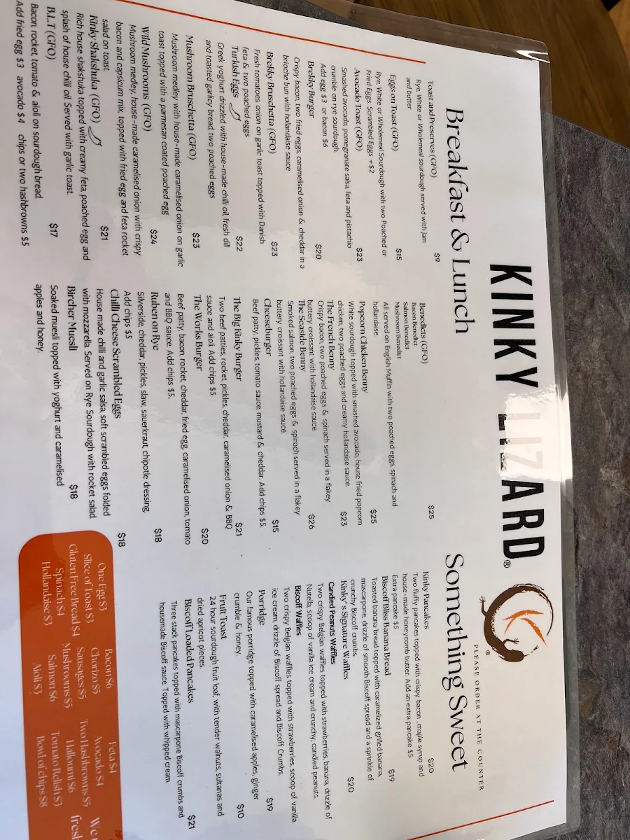 Menu, Kinky Lizard Cafe Welshpool