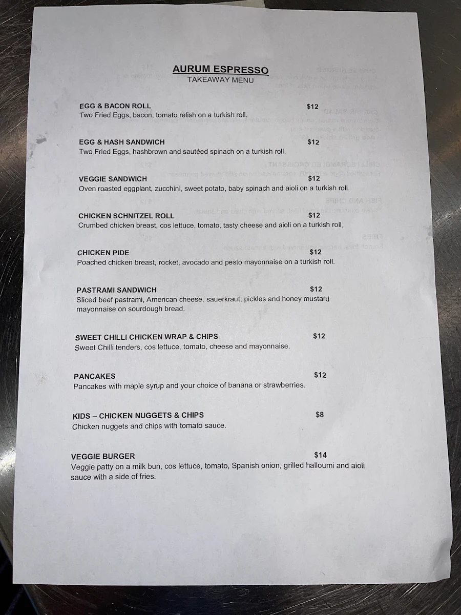 Menu, Aurum Espresso Coffee Roastery