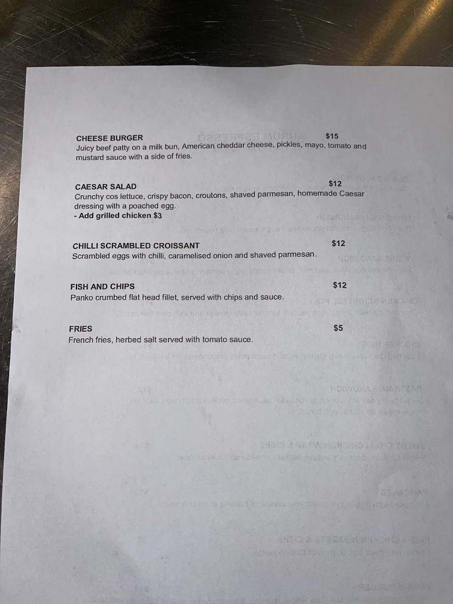 Menu, Aurum Espresso Coffee Roastery