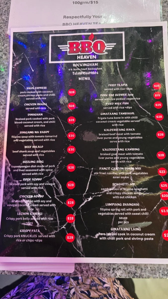 Menu, BBQ Heaven