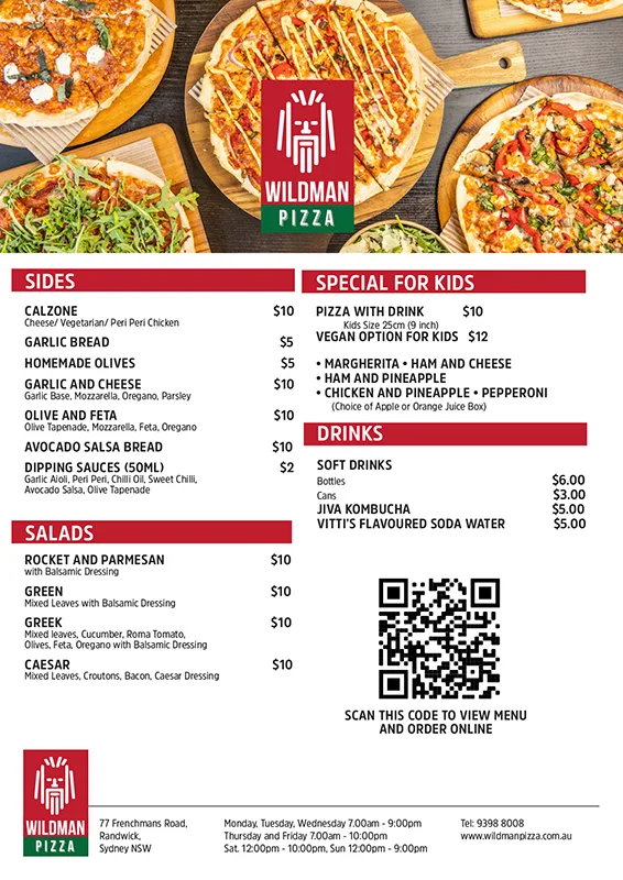 Menu, Wildman Pizza Randwick