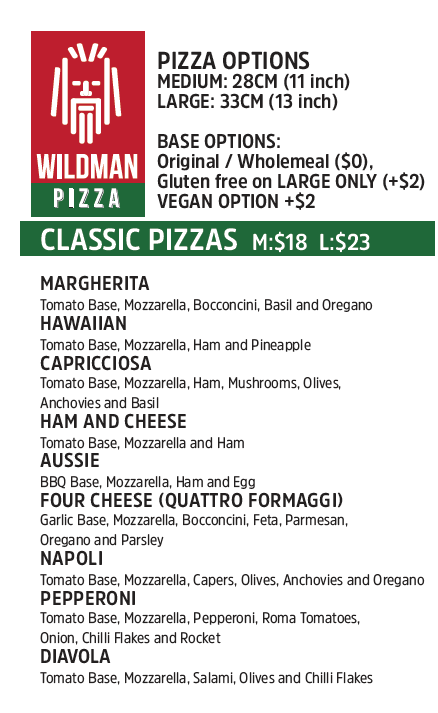 Menu, Wildman Pizza Randwick