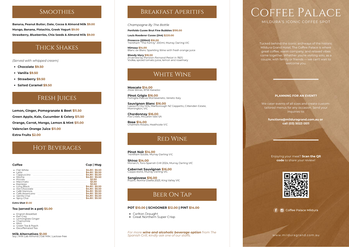 Menu, Coffee Palace