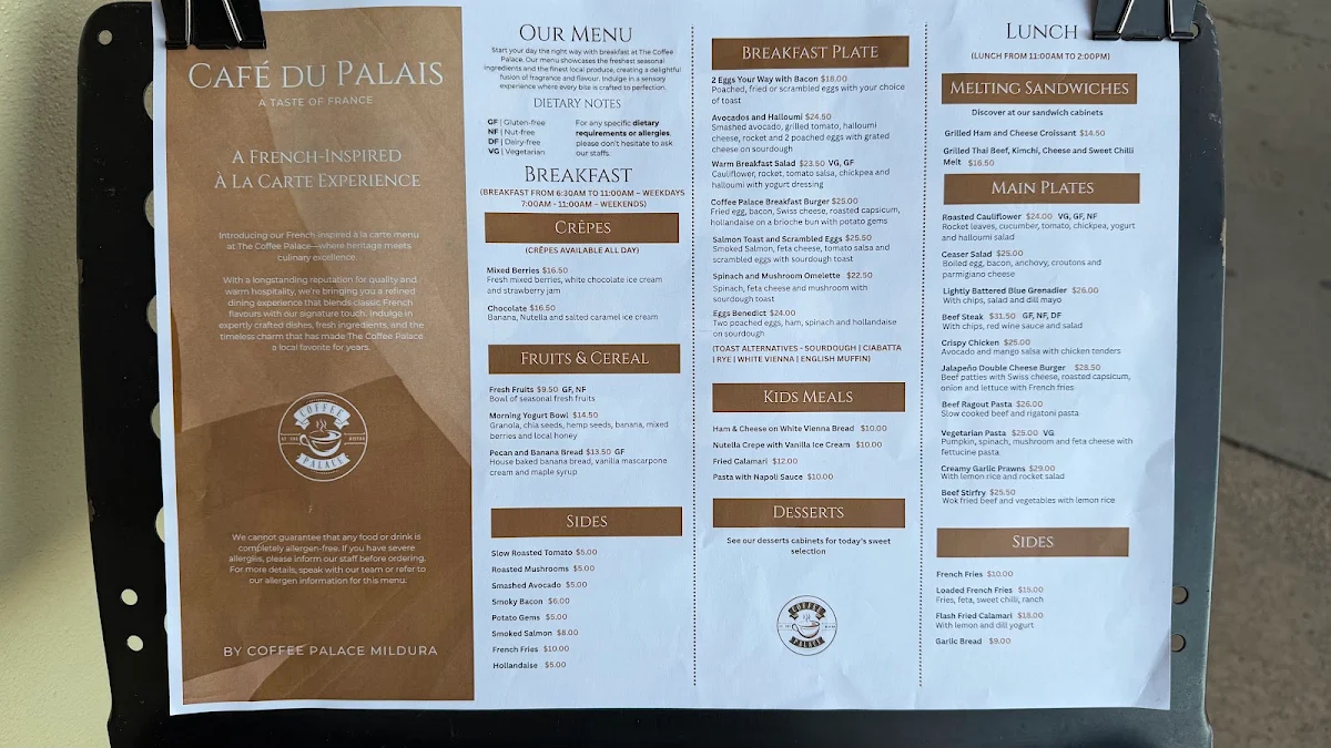 Menu, Coffee Palace