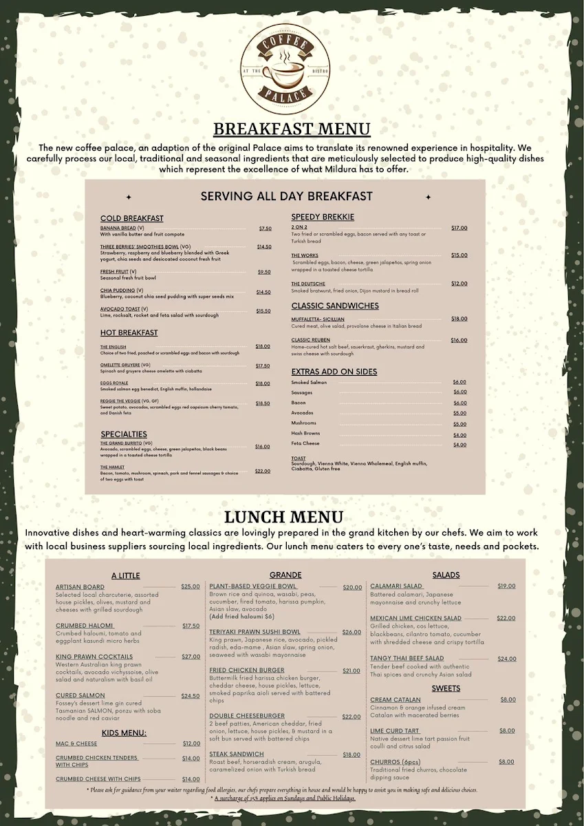 Menu, Coffee Palace