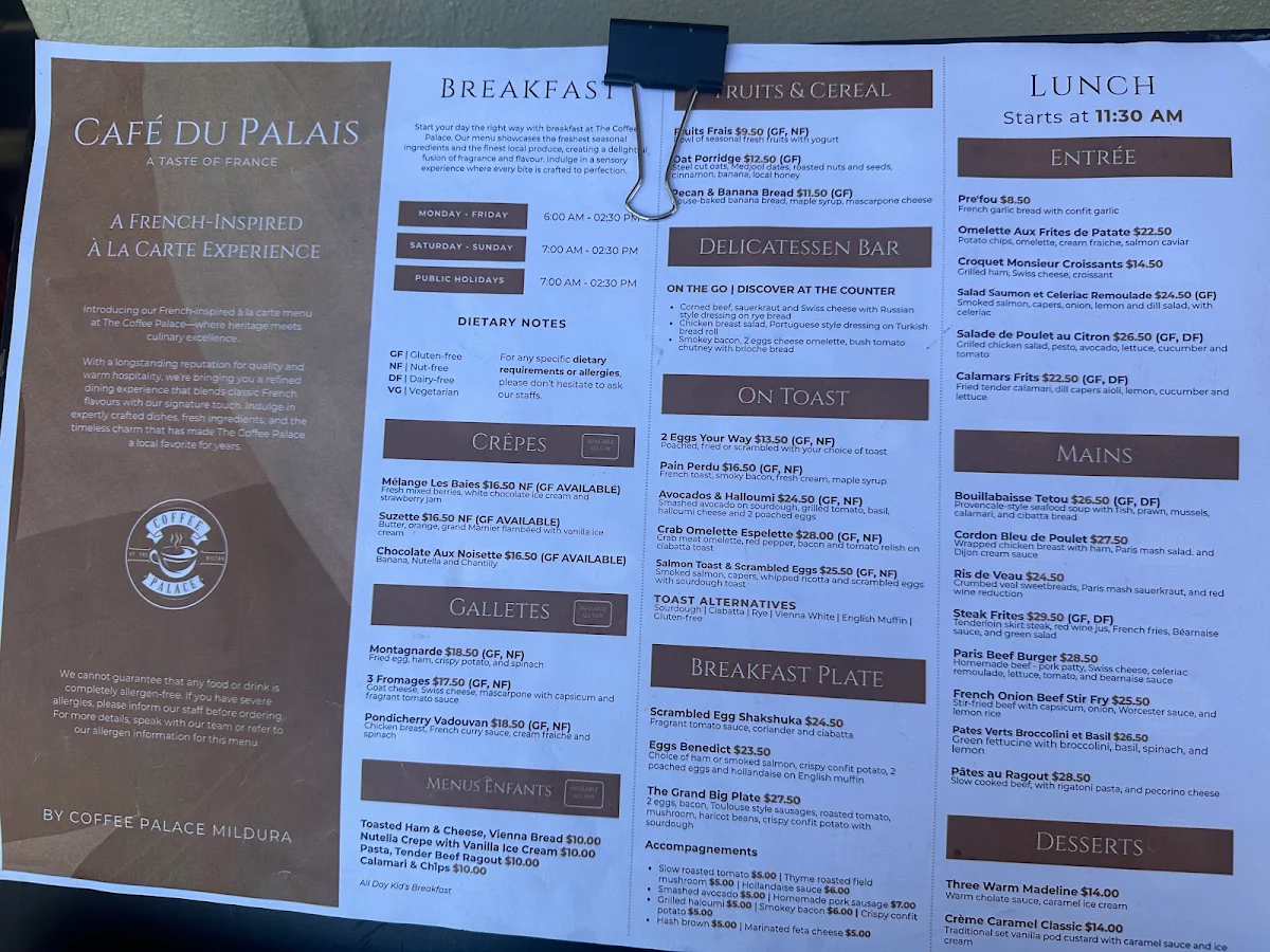 Menu, Coffee Palace