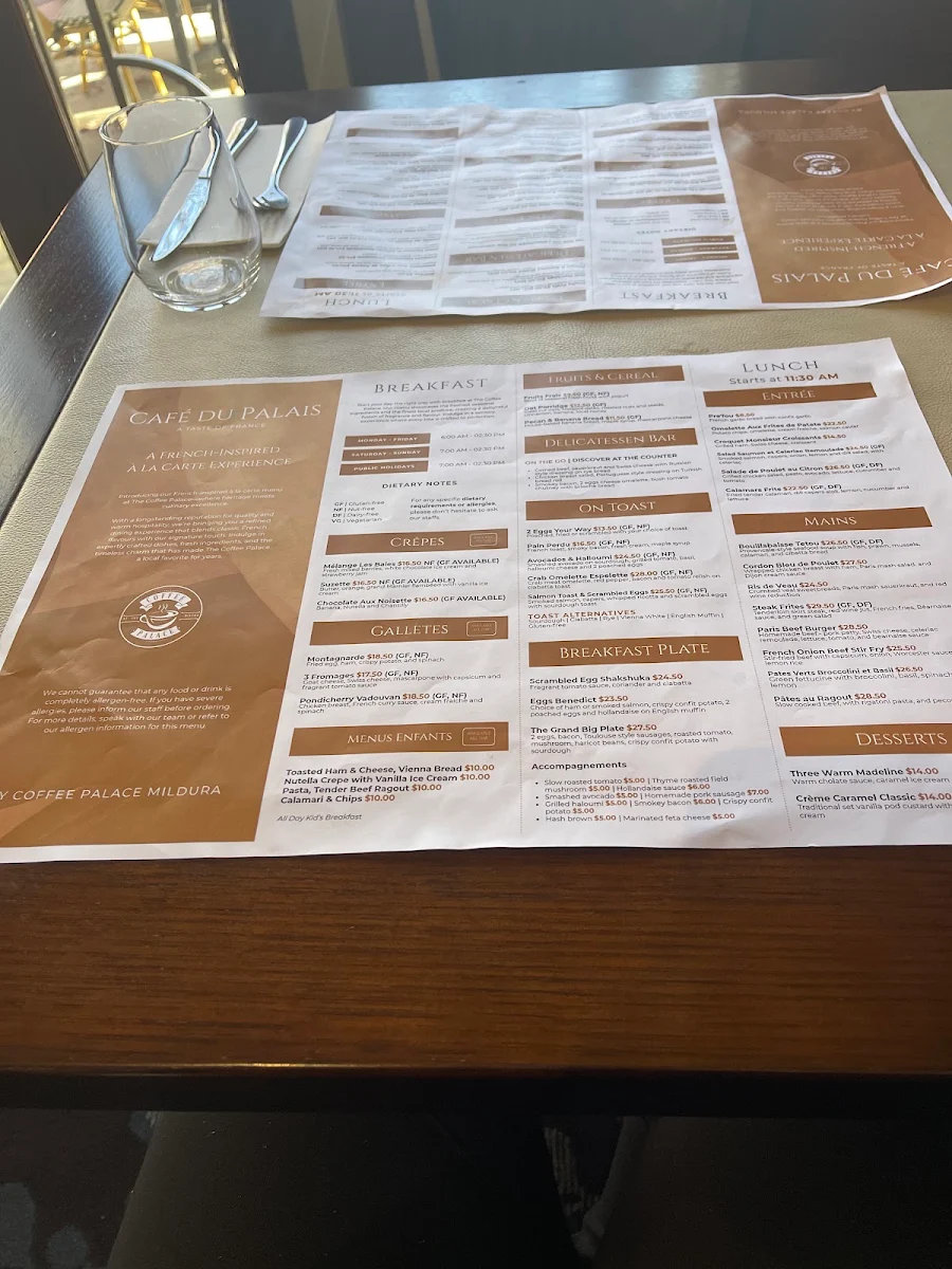Menu, Coffee Palace