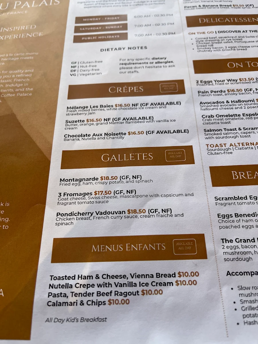 Menu, Coffee Palace