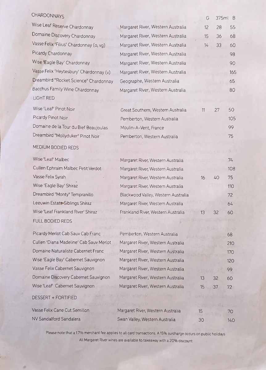 Menu, Meelup Farmhouse