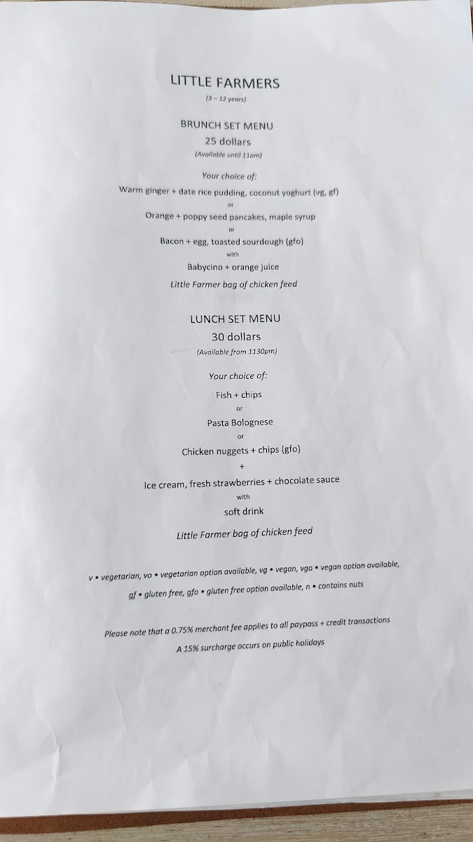Menu, Meelup Farmhouse