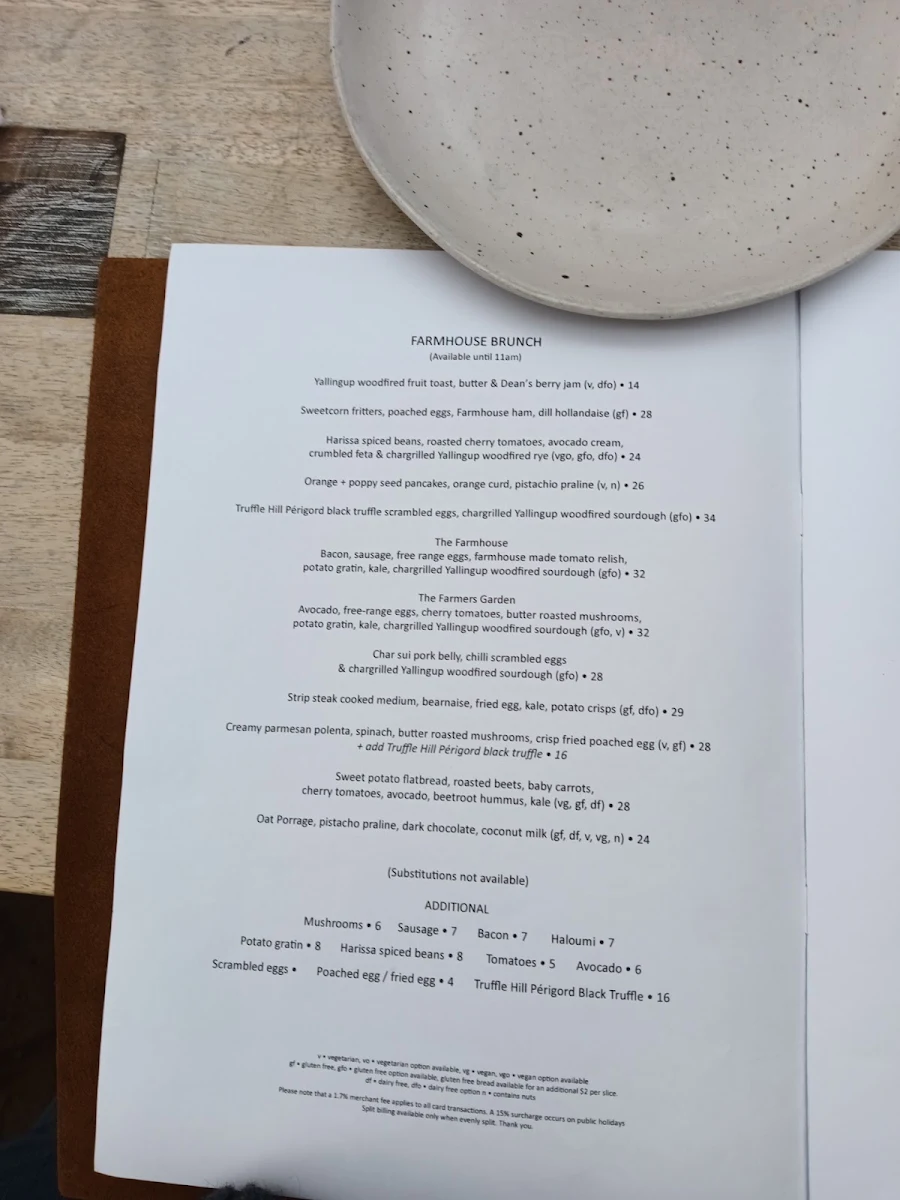 Menu, Meelup Farmhouse