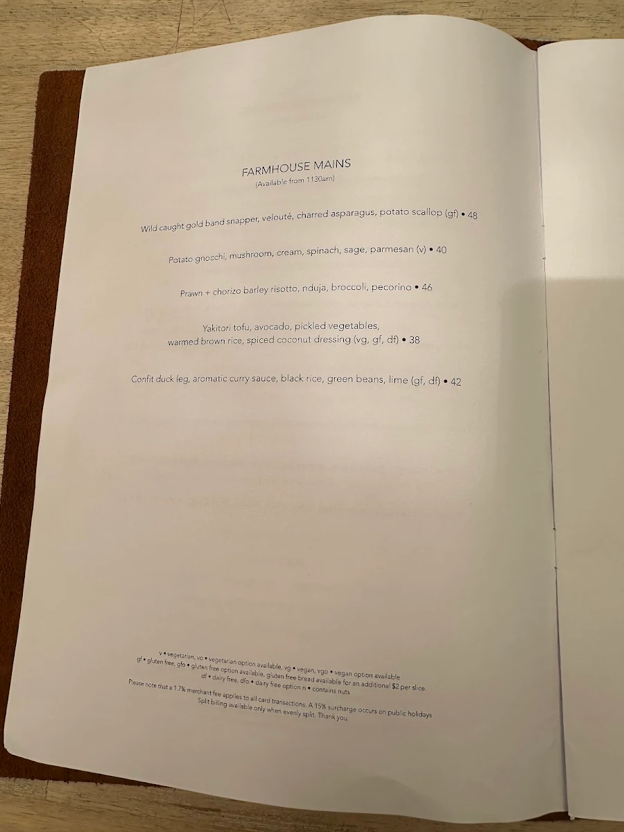 Menu, Meelup Farmhouse