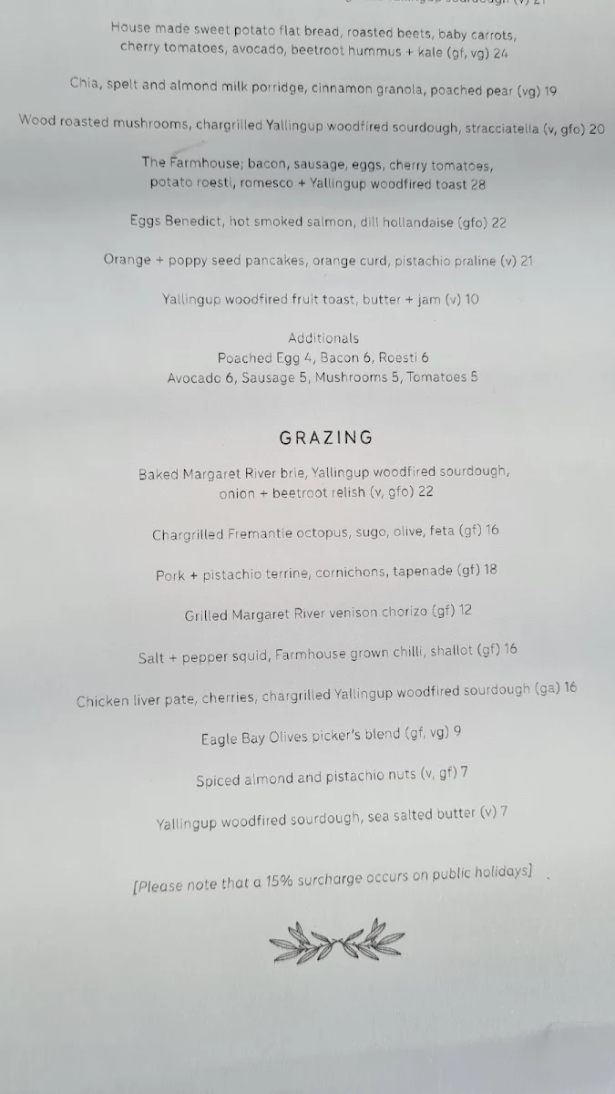 Menu, Meelup Farmhouse