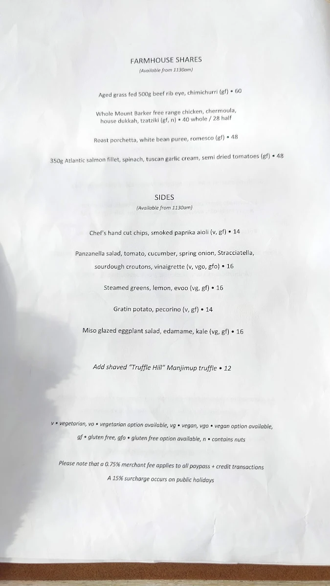 Menu, Meelup Farmhouse