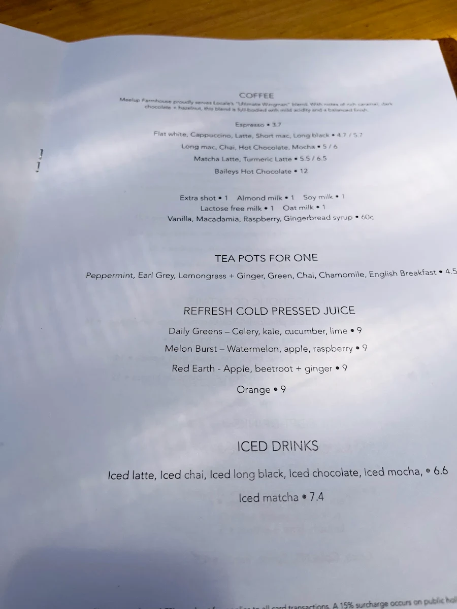 Menu, Meelup Farmhouse