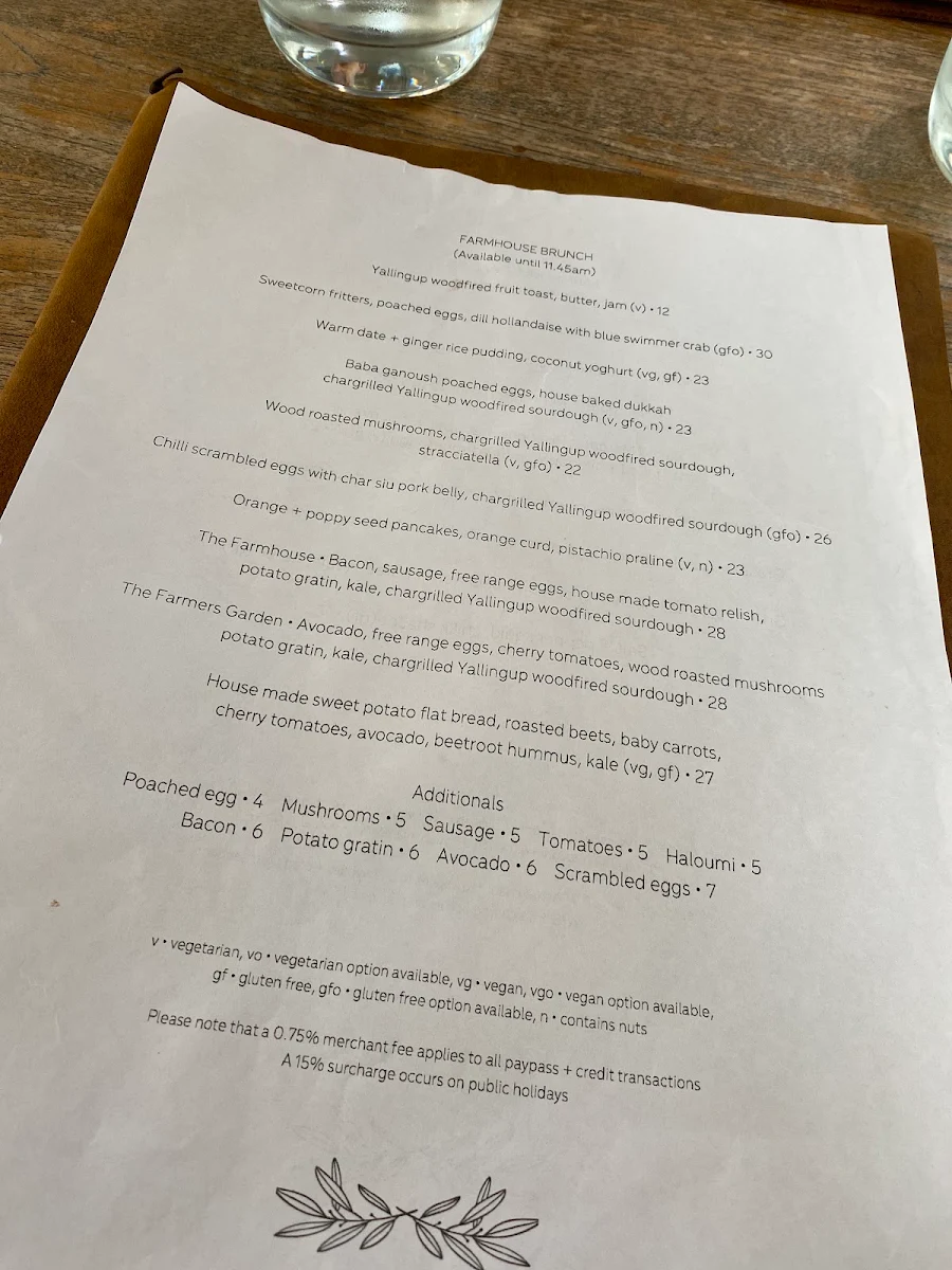 Menu, Meelup Farmhouse