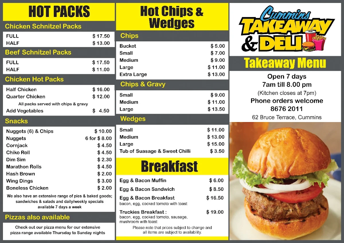 Menu, Cummins Takeaway & Deli