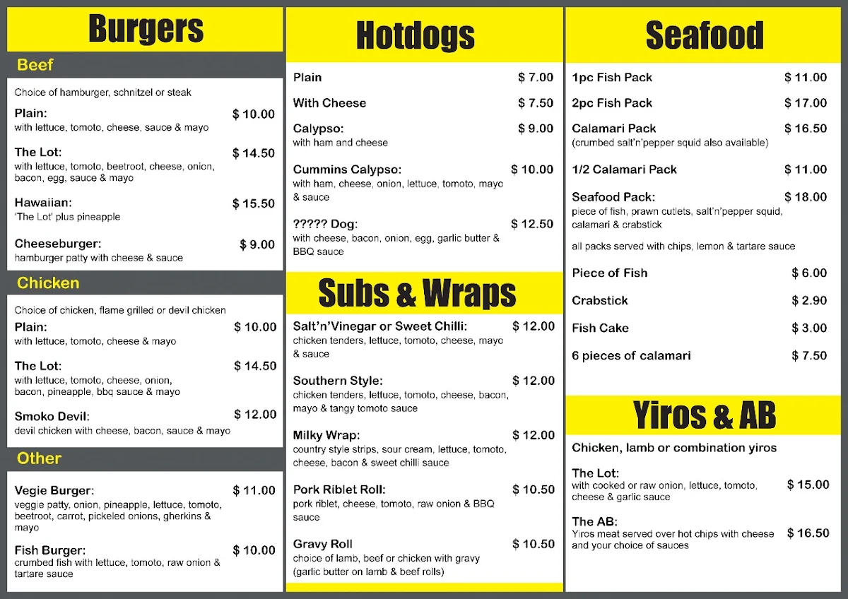 Menu, Cummins Takeaway & Deli