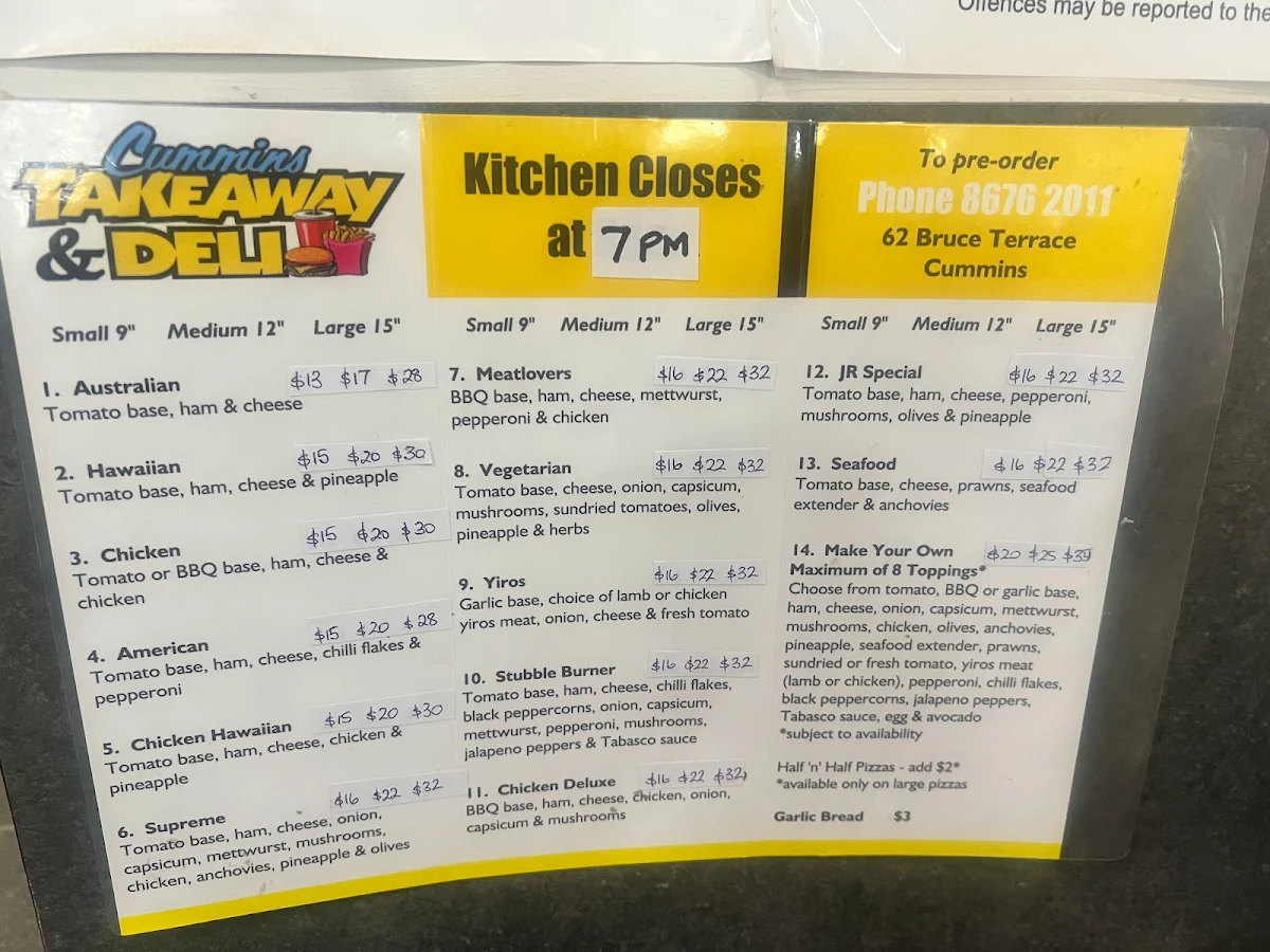 Menu, Cummins Takeaway & Deli