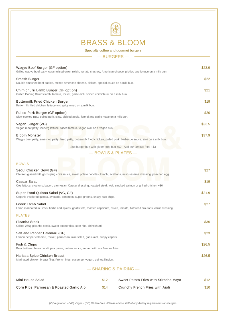 Menu, BRASS & BLOOM