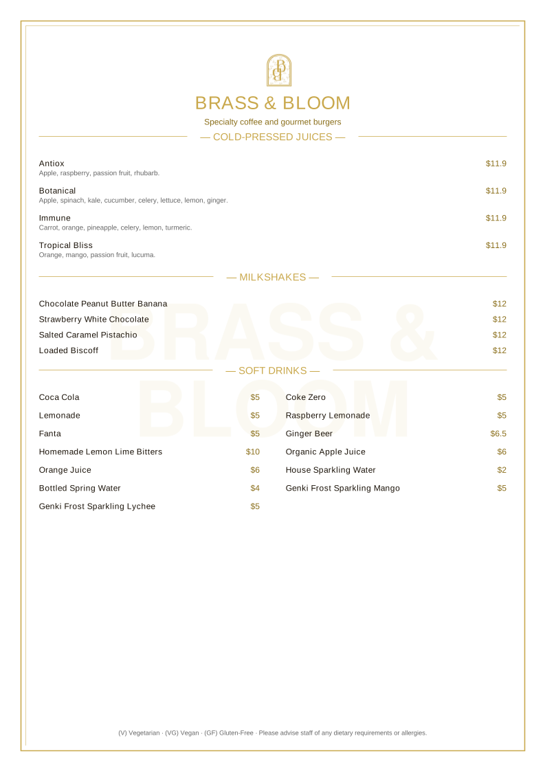 Menu, BRASS & BLOOM