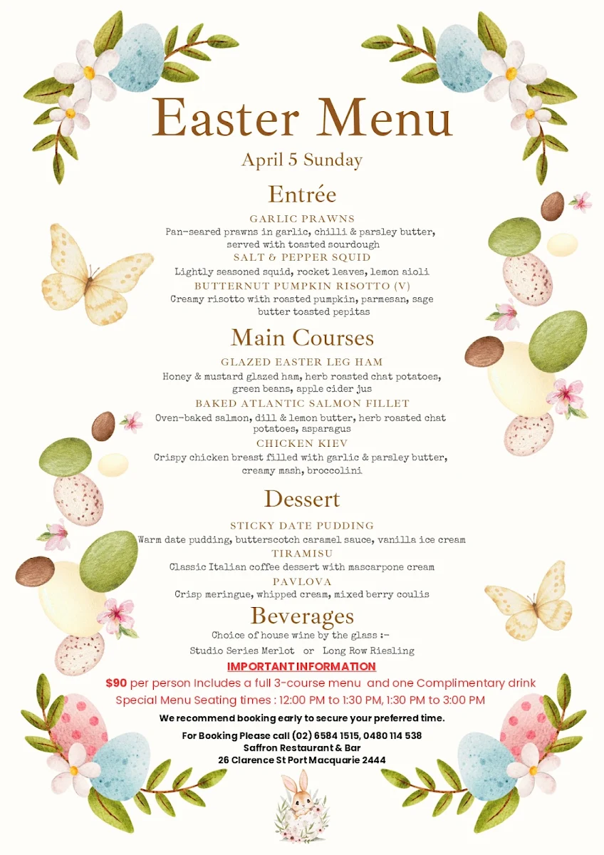 Menu, SAFFRON–Modern Australian Restaurant