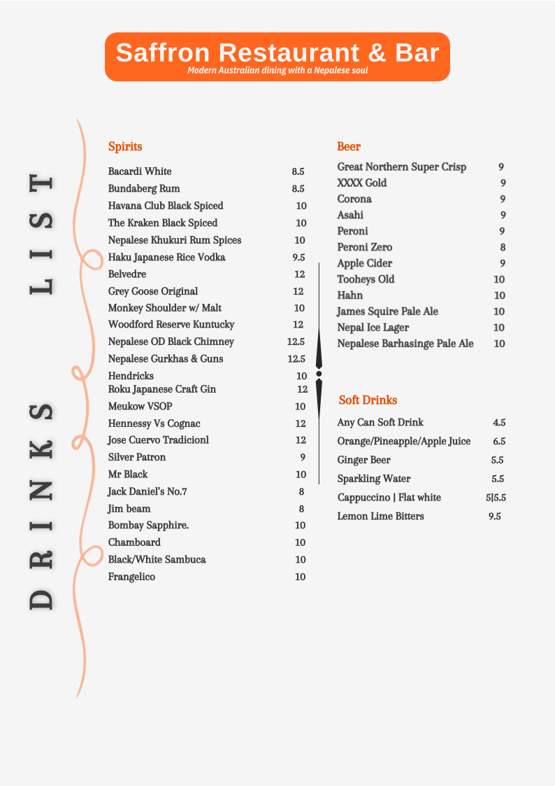 Menu, SAFFRON–Modern Australian Restaurant