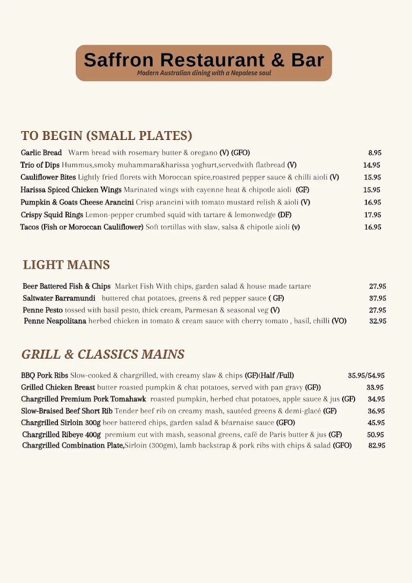 Menu, SAFFRON–Modern Australian Restaurant