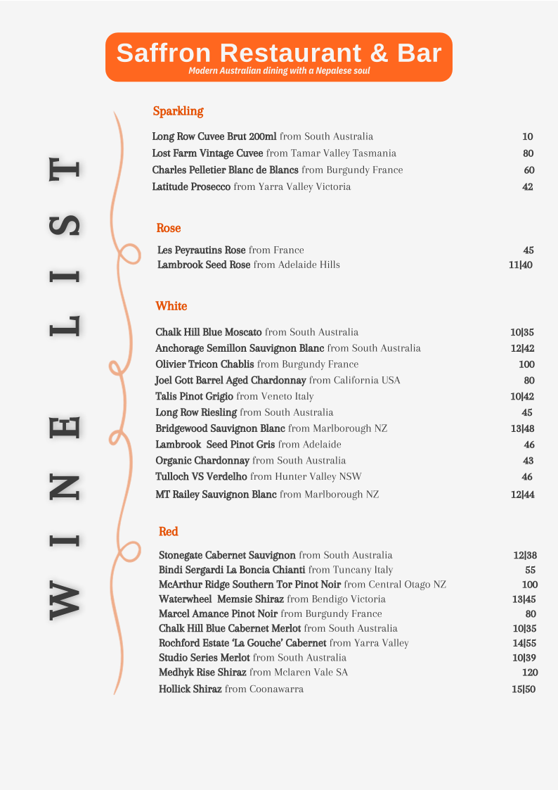 Menu, SAFFRON–Modern Australian Restaurant