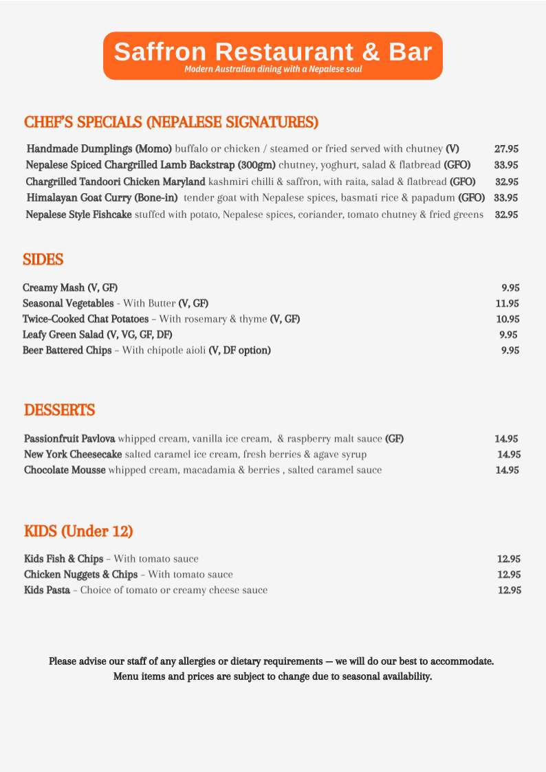 Menu, SAFFRON–Modern Australian Restaurant