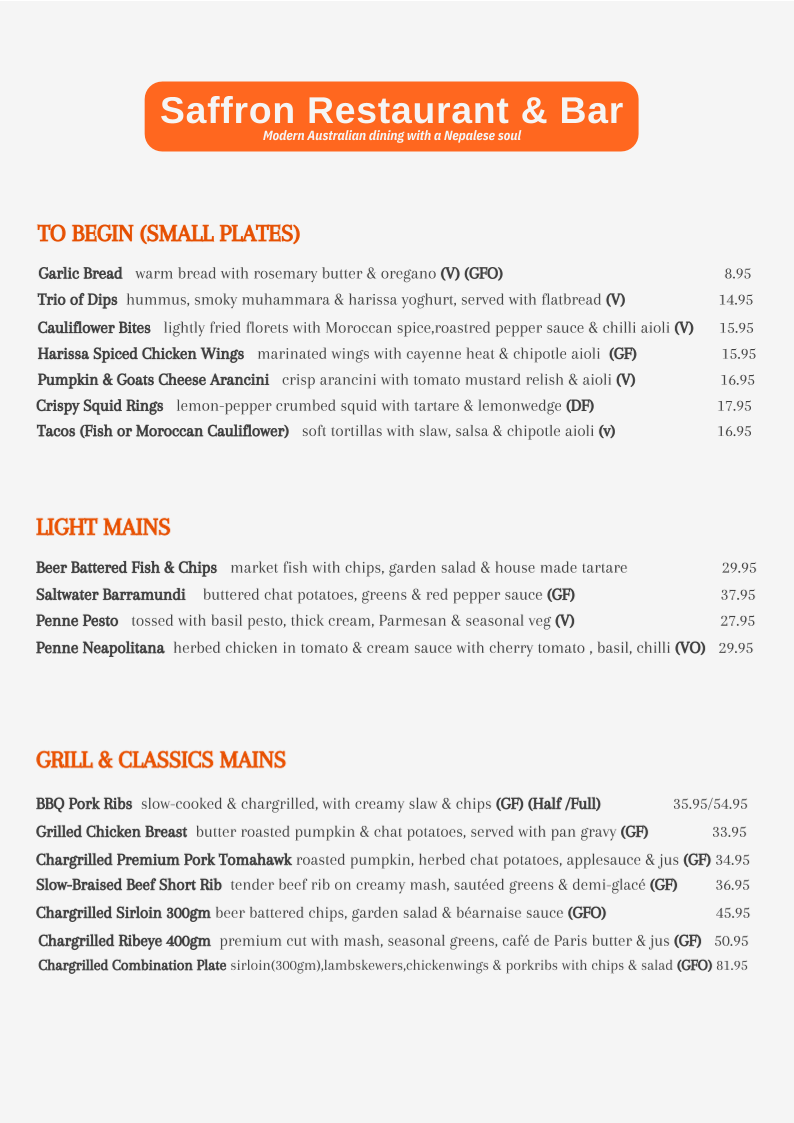 Menu, SAFFRON–Modern Australian Restaurant