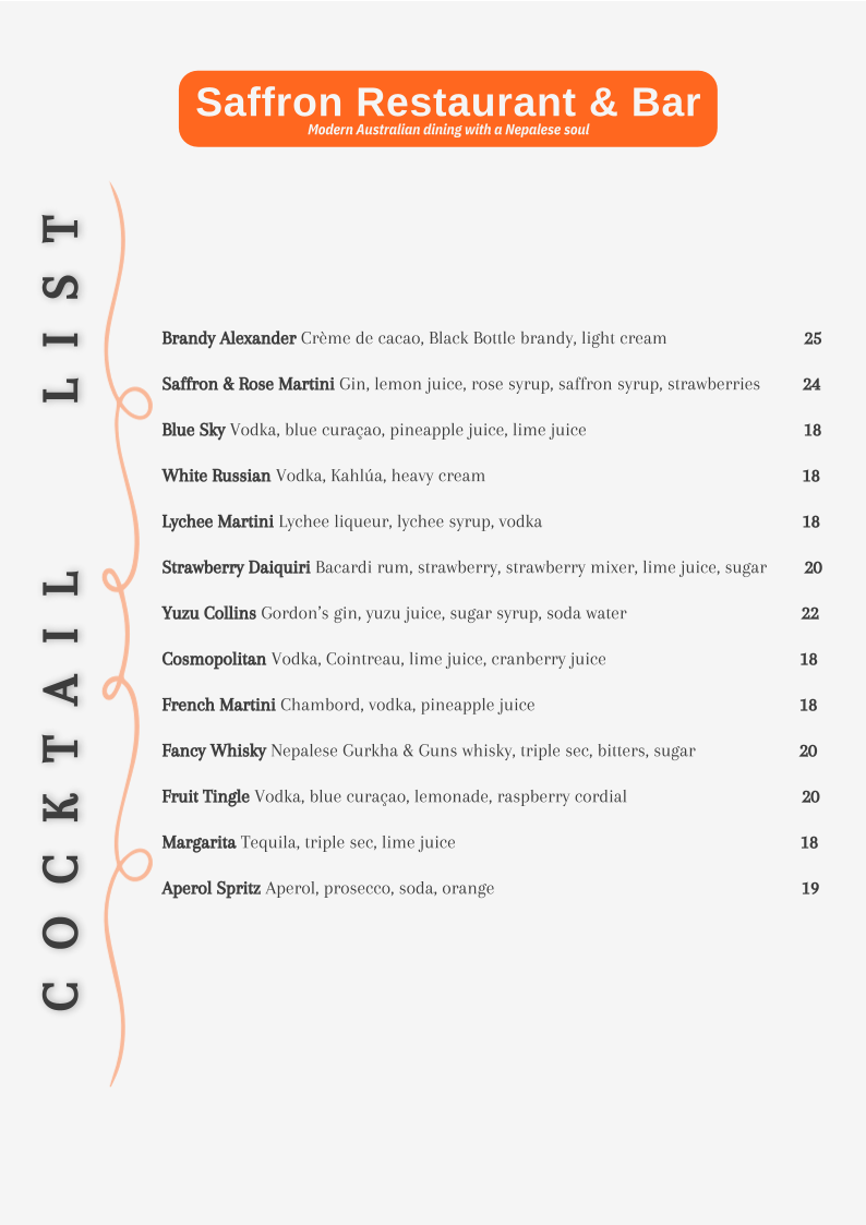 Menu, SAFFRON–Modern Australian Restaurant
