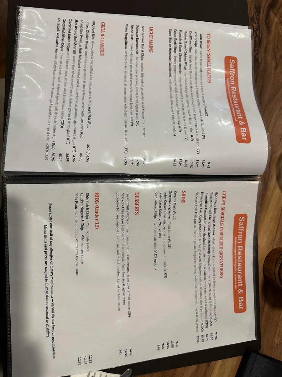 Menu, SAFFRON–Modern Australian Restaurant